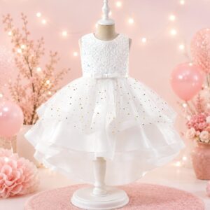 VESTIDO ELEGANTE CON LENTEJUELA CON COLA COLOR BLANCO T 6 AÑOS