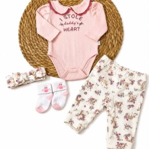 SET 4 PIEZAS BODY, PANTALÓN PLUSH , VINCHA Y MEDIA T 3-6 MESES