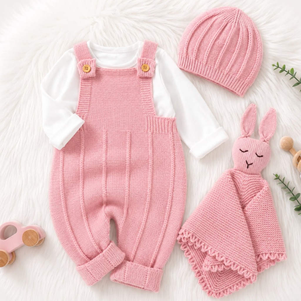 SET JARDINERA, GORRITO Y MUÑECO APEGO HILO DE ALGODON 0-3 MESES - no incluye body-
