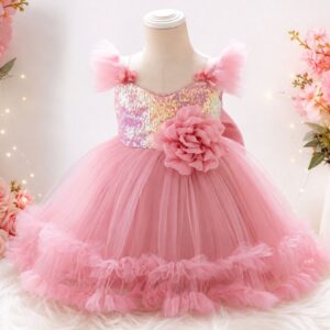 VESTIDO ELEGANTE COLOR ROSA VIEJO CON LENTEJUELA Y FLOR DESMONTABLE T 9-12 MESES