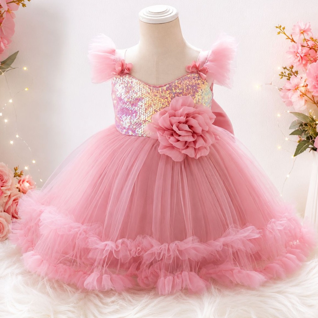 VESTIDO ELEGANTE COLOR ROSA VIEJO CON LENTEJUELA Y FLOR DESMONTABLE T 9-12 MESES - Imagen 2