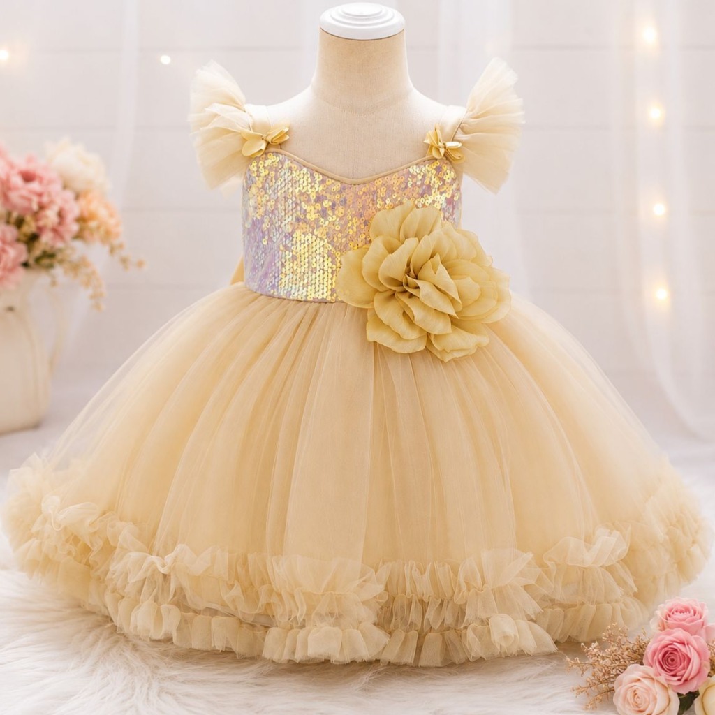 VESTIDO ELEGANTE COLOR BEIGE CON LENTEJUELA Y FLOR DESMONTABLE T 9-12 MESES