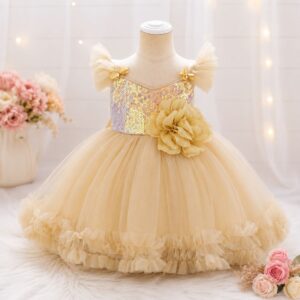 VESTIDO ELEGANTE BEIGE CON LENTEJUELA Y FLOR DESMONTABLE T 2-3 AÑOS