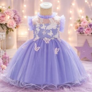 VESTIDO ELEGANTE COLOR LILA CON DISEÑOS DE MARIPOSAS T 6-9 MESES