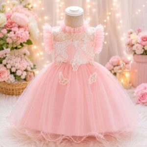VESTIDO ELEGANTE COLOR ROSA CON DISEÑOS DE MARIPOSAS T 9-12 MESES