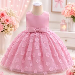 VESTIDO ELEGANTE COLOR ROSA VIEJO CON DISEÑOS DE FLORES T 18-24 MESES