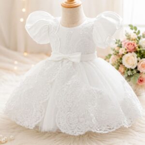 VESTIDO ELEGANTE BLANCO MANGAS PRINCESA CON ENCAJES T 9-12 MESES