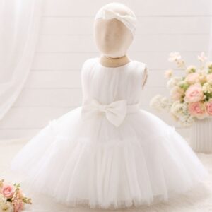 VESTIDO ELEGANTE BLANCO CON BINCHA Y TUL 3-6 MESES