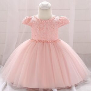 VESTIDO DE FIESTA  ROSA CON ENCAJE Y PERLAS  T 12-18 MESES