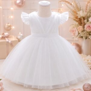 VESTIDO ELEGANTE DE FIESTA COLOR BLANCO CON TUL DRAPEADO T 2-3 A