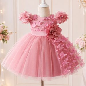 VESTIDO DE FIESTA ROSA VIEJO CON TUL Y MARIPOSAS 3D T 2-3 AÑOS