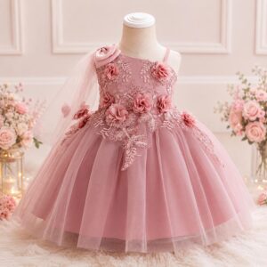 VESTIDO ROSA VIEJO  DE FIESTA MEDIO HOMBRO CON TIRA  T 2-3 AÑOS