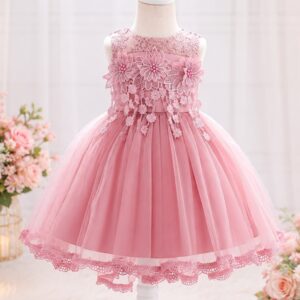 VESTIDO DE FIESTA ROSA VIEJO CON DETALLES DE ENCAJE Y COLA T 9-12 MESES