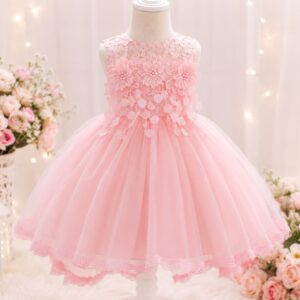 VESTIDO DE FIESTA ROSA  CON DETALLES DE ENCAJE Y COLA T 9-12 MESES