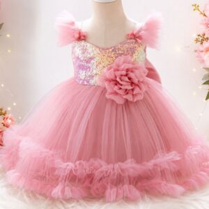 VESTIDO DE FIESTA ROSA VIEJO CON LENTEJUELAS Y DETALLE DE FLOR DESMONTABLE T 9-12MESES