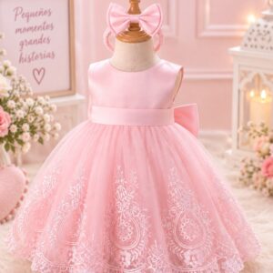 VESTIDO DE FIESTA ROSA CON DETALLES BORDADOS Y VINCHA T 18-24 MESES