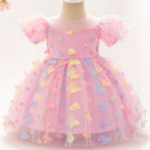 VESTIDO DE FIESTA ROSA CON MARIPOSAS DE COLORES, MANGA PRINCESA T-18-24 MESES