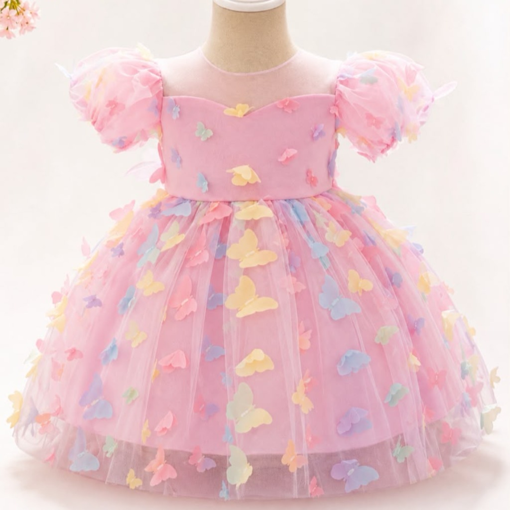 VESTIDO DE FIESTA ROSA CON MARIPOSAS DE COLORES, MANGA PRINCESA T 2-3 AÑOS
