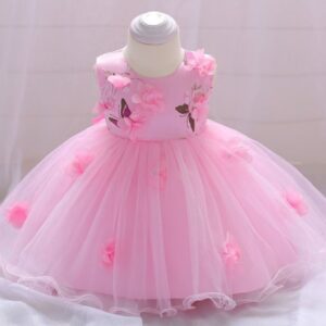 VESTIDO ROSA  DE FIESTA MARIPOSAS Y FLORES 3D T 12-18 MESES