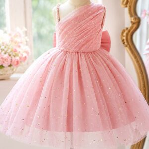 VESTIDO DE FIESTA  ROSA VIEJO TIRA CON PERLAS DRAPEADO Y MOÑO T 6 AÑOS