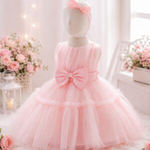 VESTIDO DE FIESTA  ROSA CON  MOÑO Y VINCHA Y DRAPEADO T 2-3 AÑOS