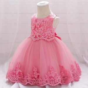VESTIDO DE FIESTA  ROSA VIEJO CON FLORES  Y DETALLES BORDADOS T 3-6 MESES