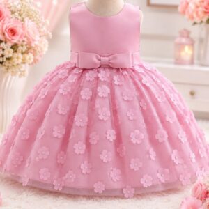 VESTIDO FIESTA ROSA VIEJO MOÑOS Y FLORES 3D T12-18 MESES
