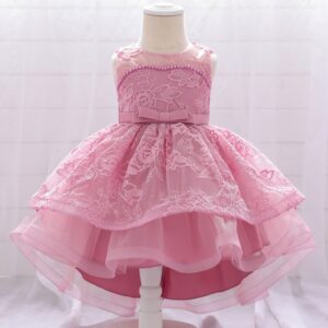 VESTIDO FIESTA ROSA VIEJO MOÑOS Y DETALLES EN ENCAJE CON COLA  T 12-18 MESES