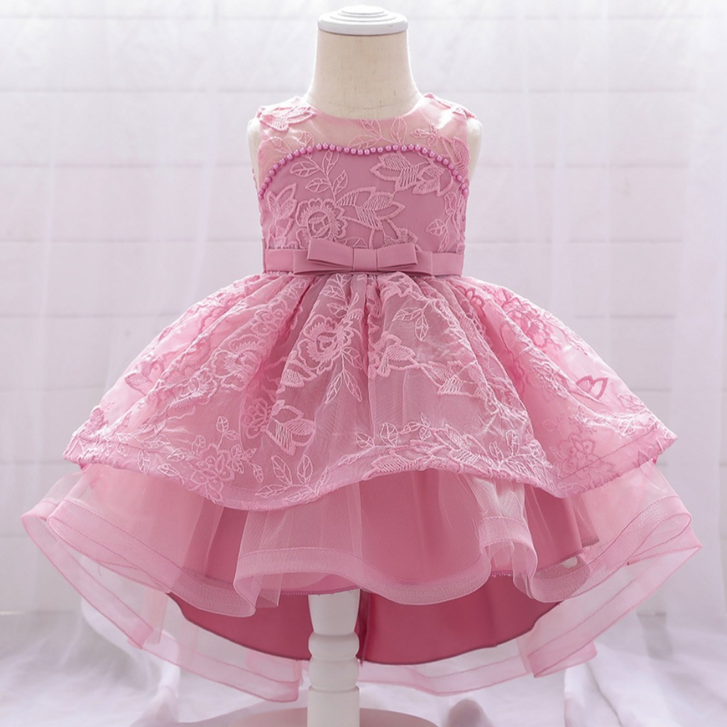 VESTIDO FIESTA ROSA VIEJO MOÑOS Y DETALLES EN ENCAJE CON COLA T 9-12 MESES