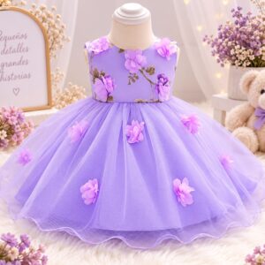 VESTIDO FIESTA LILA CON MARIPOSAS Y FLORES 3D T 9-12 MESES