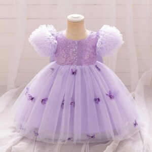VESTIDO FIESTA LILA CON MARIPOSAS 3D MANGA PRINCESA Y LENTEJUELAS T18-24 MESES