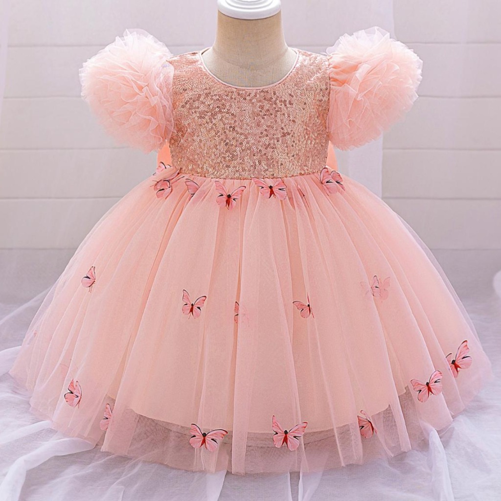 VESTIDO FIESTA ROSA CON MARIPOSAS 3D MANGA PRINCESA Y LENTEJUELAS T 9-12 MESES