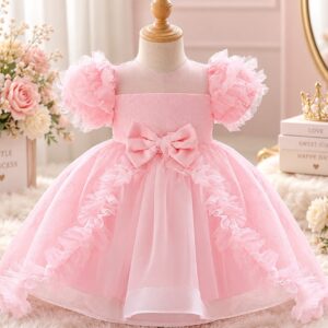 VESTIDO ROSA  DE FIESTA MANGA PRINCESA CON ENCAJE T 18-24 MESES