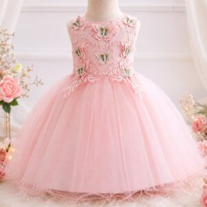 VESTIDO ROSA  DE FIESTA MARIPOSAS Y ENCAJES T 12-18 MESES