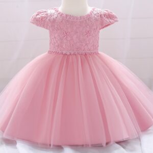VESTIDO DE FIESTA ROSA VIEJO CON PERLAS Y ENCAJE T 9-12 MESES