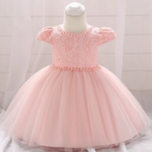 VESTIDO DE FIESTA ROSA  CON PERLAS Y ENCAJE T 6-9 MESES
