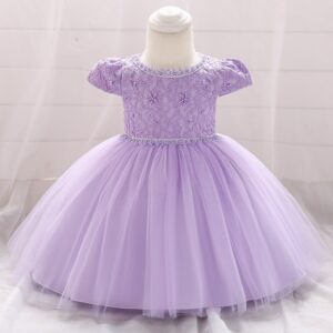 VESTIDO DE FIESTA LILA  CON PERLAS Y ENCAJE T 6-9 MESES