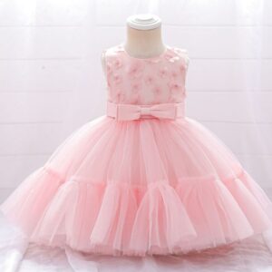 VESTIDO DE FIESTA ROSA CON MOÑO Y FLORES 3D T 9-12 MESES