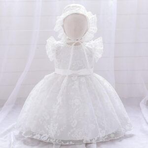 VESTIDO PARA BAUTIZMO BLANCO CON GORRITO DETALLE EN ENCAJE T 6-9 MESES