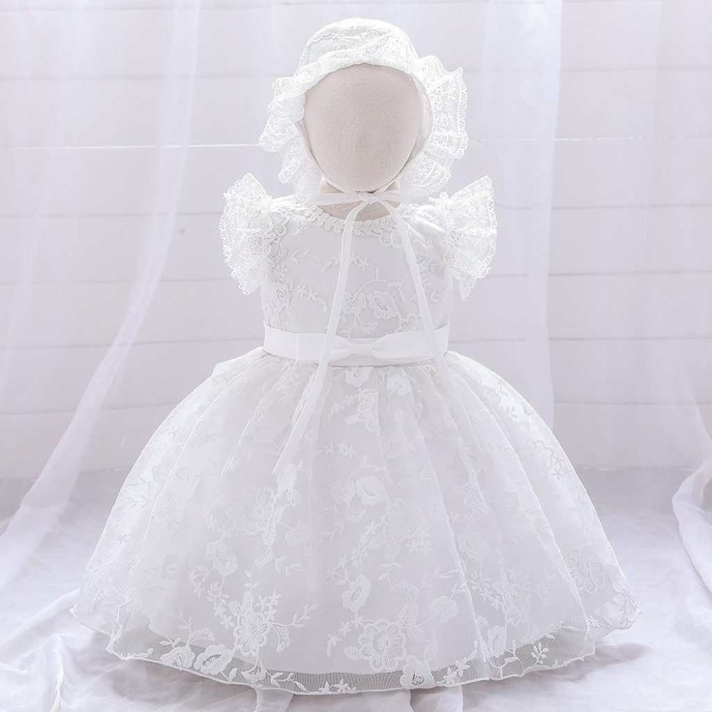 VESTIDO PARA BAUTIZMO BLANCO CON GORRITO DETALLE EN ENCAJE T 9-12 MESES