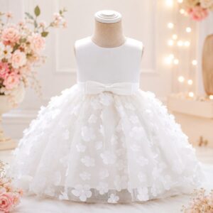 VESTIDO ELEGANTE CON DISEÑOS DE FLORES COLOR BLANCO T 9-12 MESES