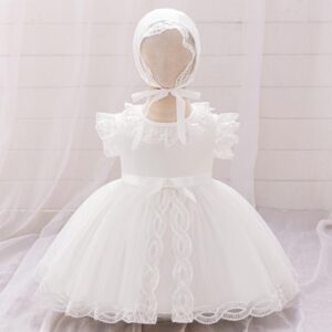 VESTIDO ELEGANTE COLOR BLANCO CON MOÑOS Y GORRITO DETALLES BORDADOS T 3-6 MESES
