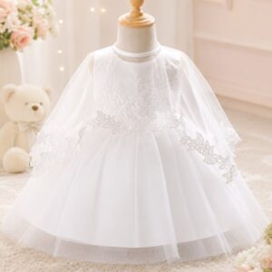 VESTIDO ELEGANTE COLOR BLANCO CON CAPA Y DETALLES BORDADOS T 3-6MESES