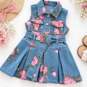 VESTIDO DE JEANS FLOREADO CON CINTO T 18-24 MESES