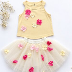BLUSA AMARILLO FLOREADA 3D CON POLLERA TUTU 18-24 MESES