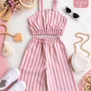 BLUSA A RAYAS ROSA CON PANTALON DE LINO T 10 AÑOS