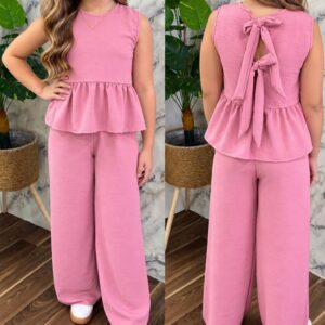 CONJUNTO DE BLUSA CON PALAZO DE COLOR ROSA VIEJO T 8 AÑOS