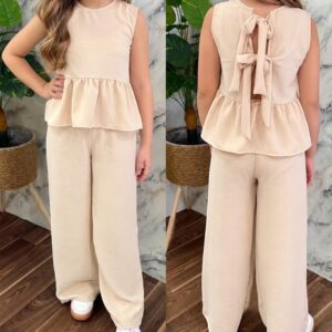 CONJUNTO DE BLUSA CON PALAZO DE COLOR BEIGE T 10 AÑOS