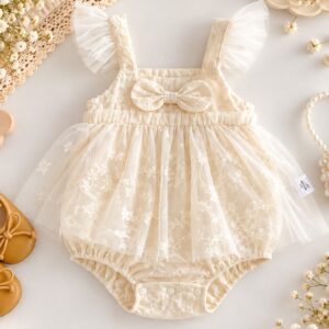 VESTIBODY ENCAJE CRUDO Y TUL CON DETALLE MOÑO T 3-6 MESES